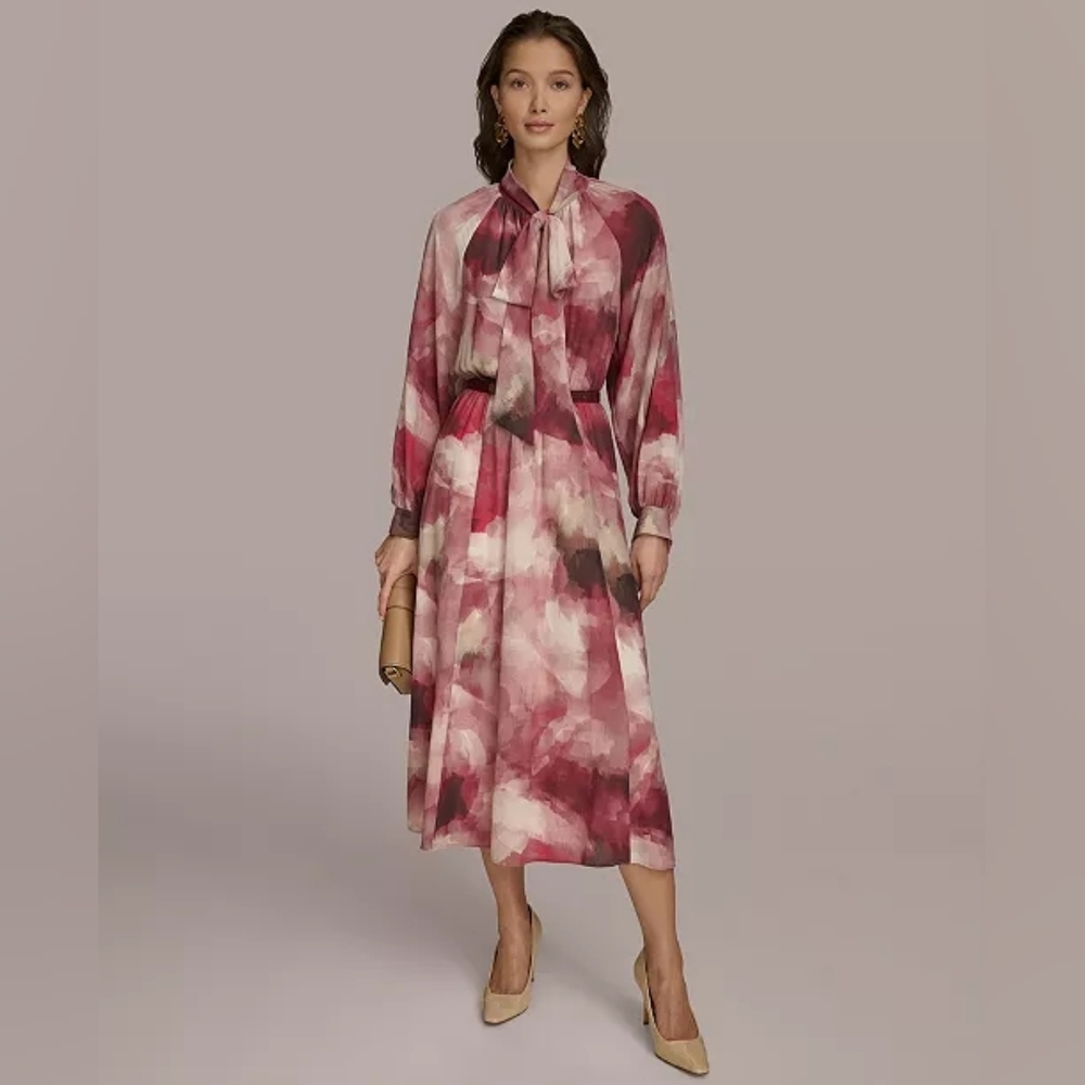 NWT Donna Karan Tie-Neck Midi Dress in Rose Watercolor, Size 8